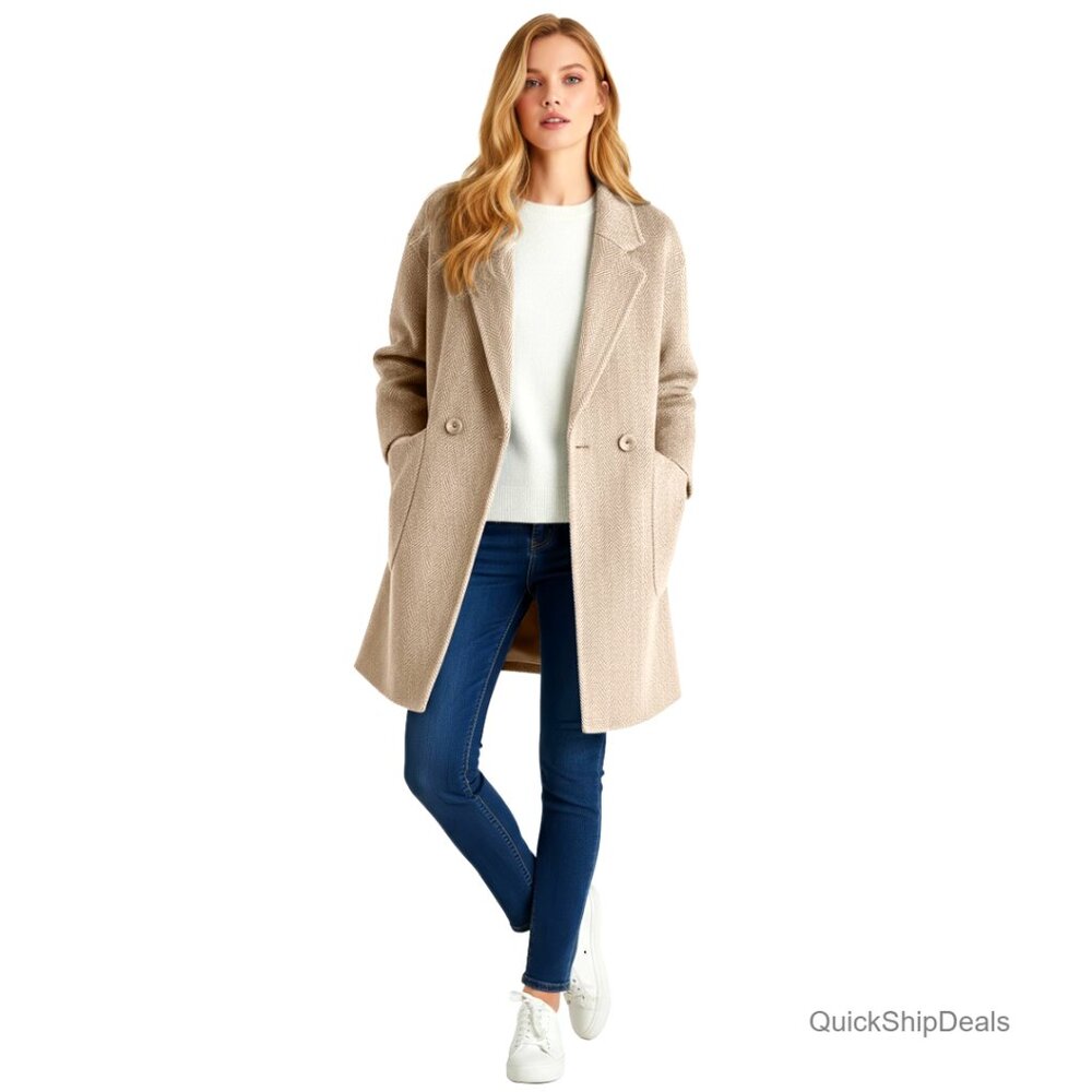 Womens Winter Pea Coat Herringbone Quilted Lined Trench Jacket Knee Length